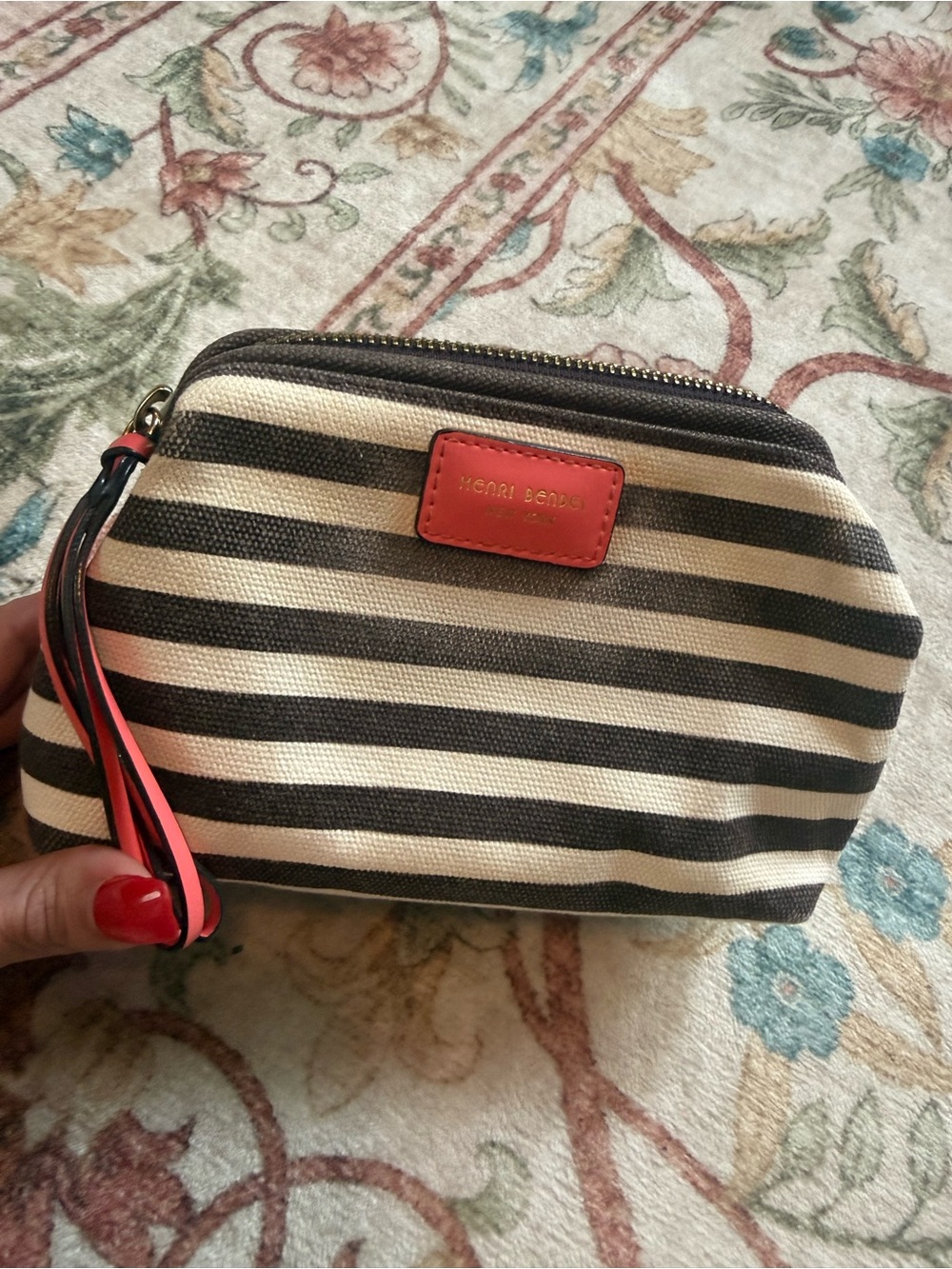 henri bendel Black and Cream Striped Cosmetic Pouch with Coral Accent